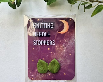 Green Leaf Knitting Needle Stoppers, Stitch Holders (1 pair)