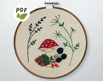 PDF Woodland Mushroom Embroidery Pattern, Printable Download Design, Fly Agaric Toadstool, Instant Download, Witchy Cottagecore Embroidery