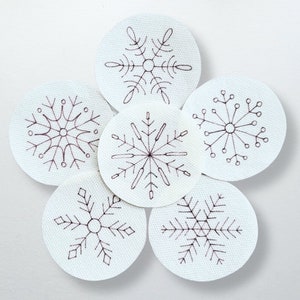 6 Snowflake Stick and Stitch Patches, Christmas ornament hand embroidery DIY patterns, Winter embroidery transfers, Hand drawn designs