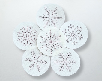 6 Snowflake Stick and Stitch Patches, Christmas ornament hand embroidery DIY patterns, Winter embroidery transfers, Hand drawn designs
