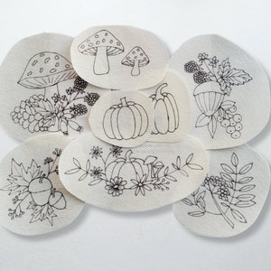 Autumn Stick & Stitch Patches, Fall flowers, leaves, pumpkins, berries and mushrooms, Water soluble embroidery clothes and pocket patches