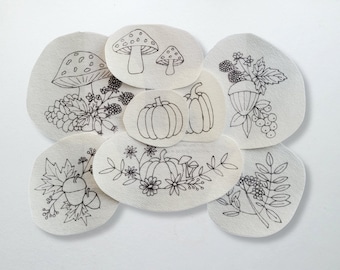Autumn Stick & Stitch Patches, Fall flowers, leaves, pumpkins, berries and mushrooms, Water soluble embroidery clothes and pocket patches