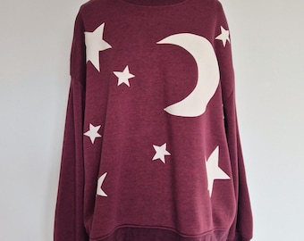 Handmade/restyled, applique moon and stars sweatshirt  - maroon (UK size 14) | Under The Night Sky Collection