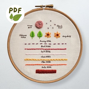 May include: A close-up of an embroidery hoop with various embroidery stitches, including fishbone stitch, running stitch, back stitch, split stitch, chain stitch, stem stitch, and satin stitch. The hoop also features a woven rose, two green leaves, and two yellow daisies.