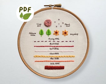 PDF Stitch Sampler Pattern, 10 Basic Hand Embroidery Stitches For Beginners, With Tutorial Video