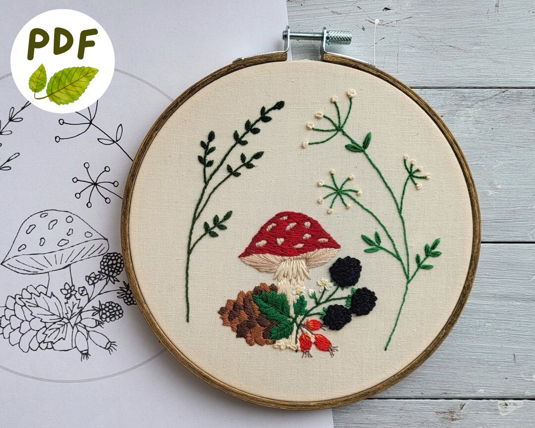 PDF Woodland Mushroom Embroidery Pattern, Printable Download Design, Fly Agaric Toadstool ...