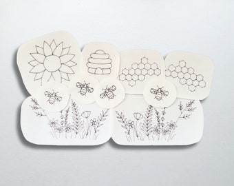Bees stick and stitch patch pack, Embroidery transfer stickers, Water soluble embroidery patches for clothing, Easy embroidery patterns