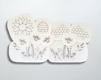 Bees stick and stitch patch pack, Embroidery transfer stickers, Water soluble, Easy clothing embroidery patterns - Hand-drawn NOT CLIP ART!