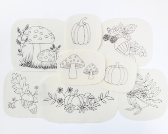 Autumn Stick & Stitch Patches, Fall flowers, leaves, pumpkins, berries and mushrooms, Water soluble embroidery clothes and pocket patches