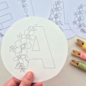 May include: A circular fabric piece featuring the letter "A" outlined in grey, decorated with a floral design. Other similar pieces are in the background. Embroidery threads in yellow, pink, and green are in the foreground.