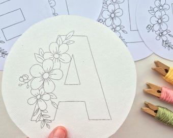 Large Letter Alphabet Stick and Stitch Embroidery Patterns, Choose Your Letter, A-Z, Floral Transfer Patch, Peel and Stick Letter Embroidery