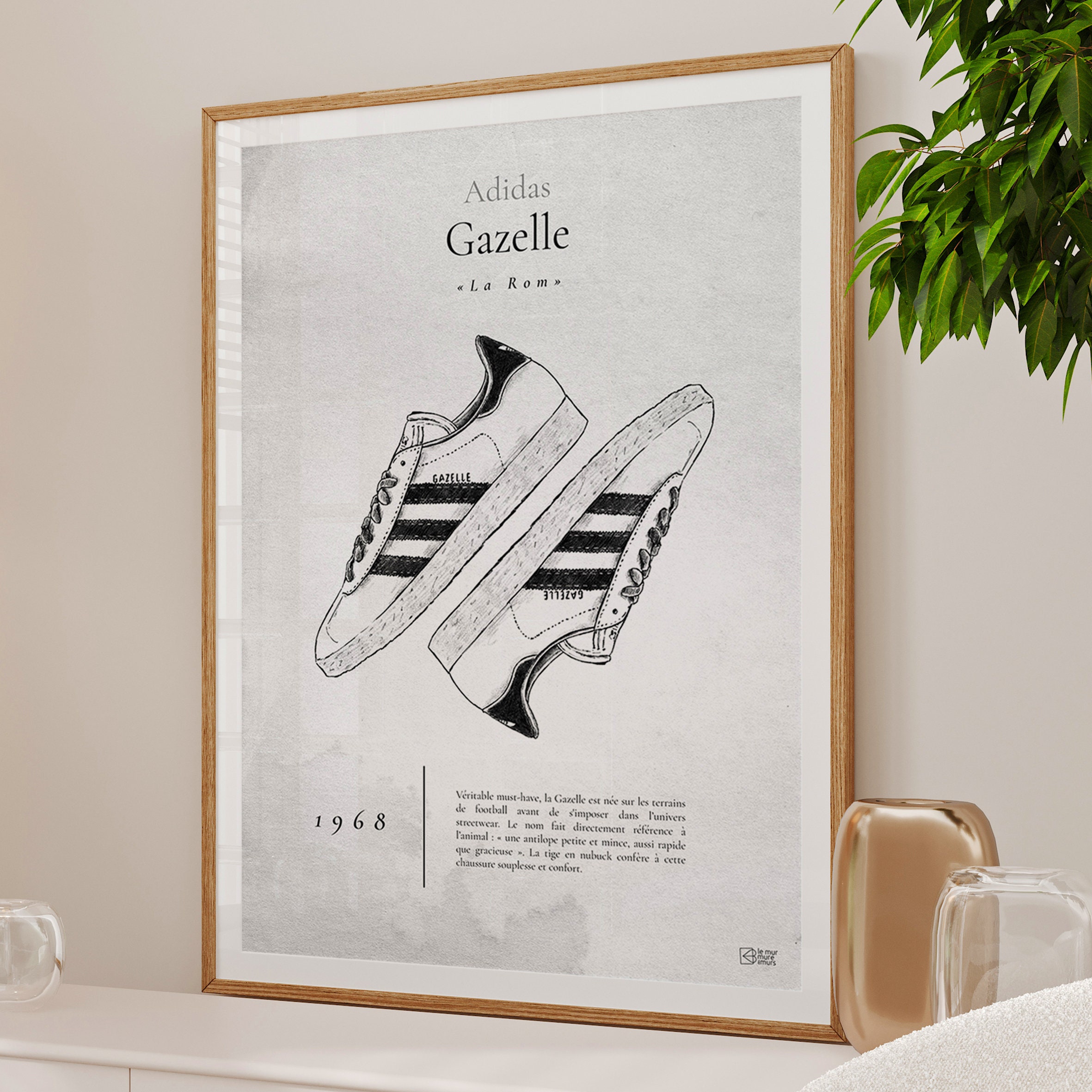 Poster di scarpe da ginnastica vintage Storia di Gazelle per una magnifica decorazione murale nel tuo soggiorno per gli amanti delle scarpe da ginnastica decorative