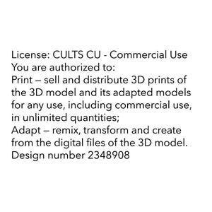 May include: Text describing a commercial use license for a 3D model. The license allows for printing, selling, and distributing 3D prints of the model, as well as adapting and creating new models from the digital files. The license number is 2348908.