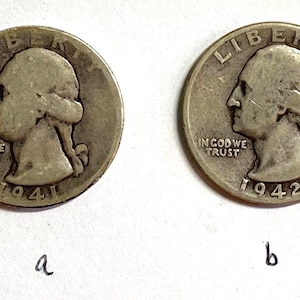 Washington Quarters - Lot of 2, Type 1, 90% Silver; 1941 (G), 1942 (G).