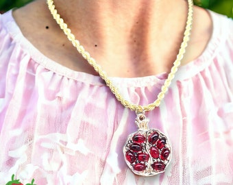 Pomegranate Persephone Necklace Gold Jewelry Garnet Greek Mythology Hades Bat Mitzvah Catherine Aragon Judaica Mothers Day Summer Gift