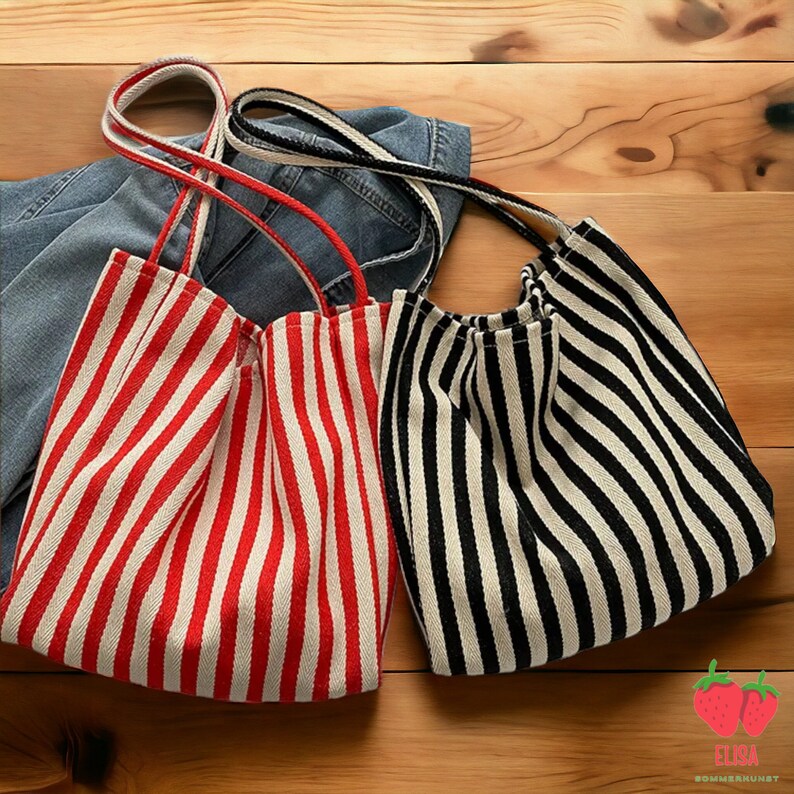 Summer Jute Tote Bag Striped Red Black Blue Striped Canvas Jute Tote Bag La Parisienne Striped Beach Bag Embroidered Tote Bag Summer Bag Bild 9