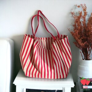 Summer Jute Tote Bag Striped Red Black Blue Striped Canvas Jute Tote Bag La Parisienne Striped Beach Bag Embroidered Tote Bag Summer Bag Bild 5