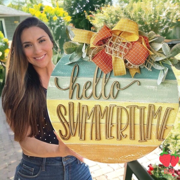 Hello Door Hanger Summertime Hello Summer Sign Entry Way Decor Front Door Decor For Summer Front Door Sign Newlyweds Engagement Gift