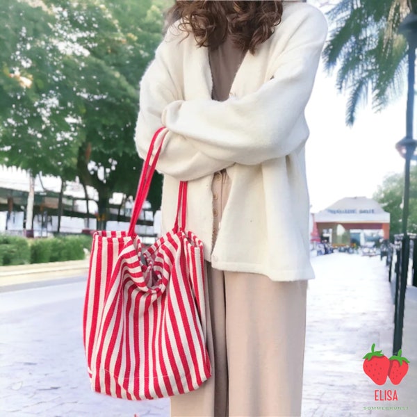 Summer Jute Tote Bag Striped Red Black Blue Striped Canvas Jute Tote Bag La Parisienne Striped Beach Bag Embroidered Tote Bag Summer Bag