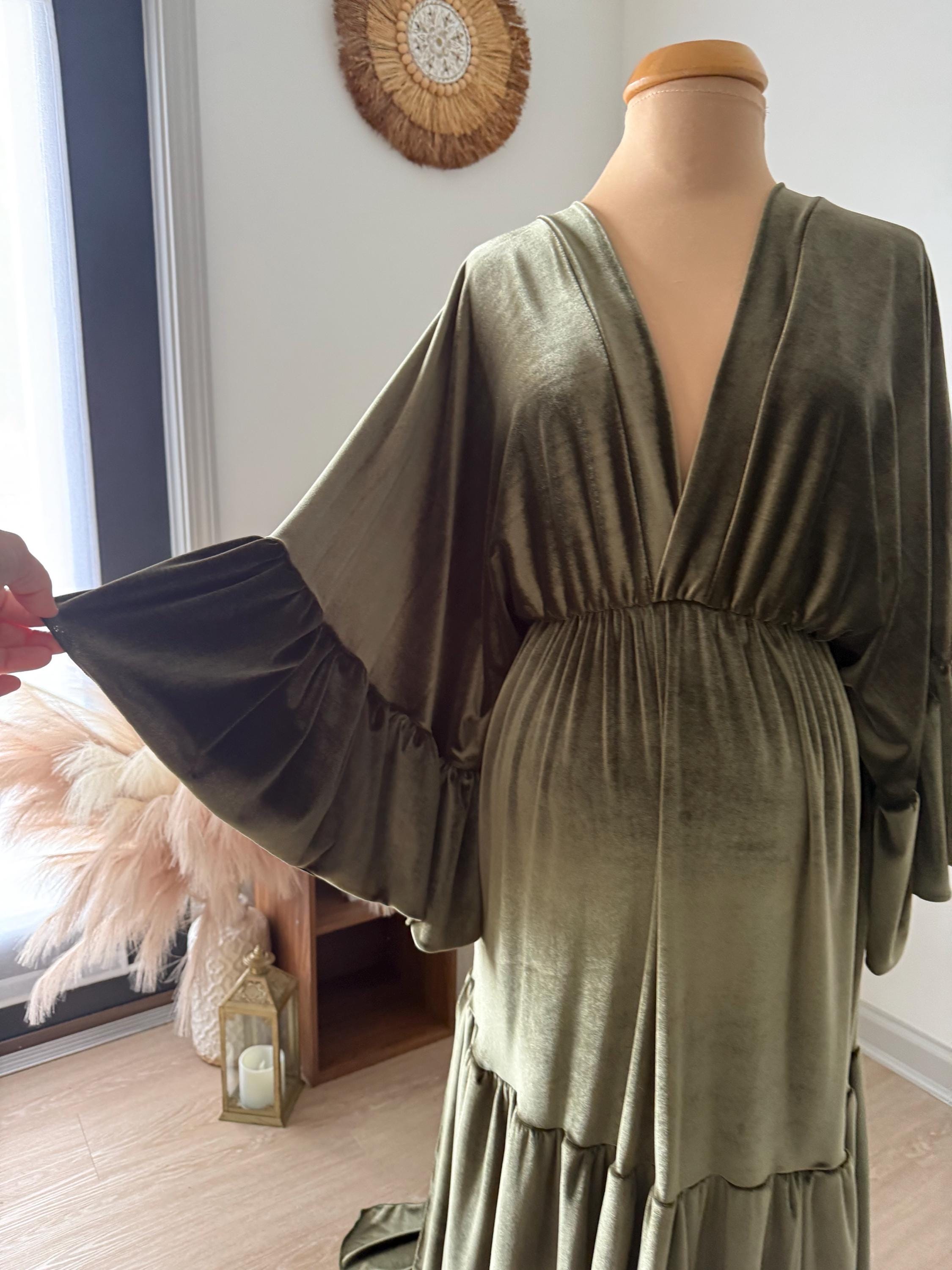 green emerald velvet dress Momyknows Solid Off Shoulder Slit Floor Length Flowy Photoshoot Maternity  Maxi Dress