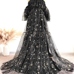 black and gold maternity dress Maternity A-Line Sequin Maternity Dress with V-neck, 3/4 Length Sleeve and  Sequins Drape, Floor Length