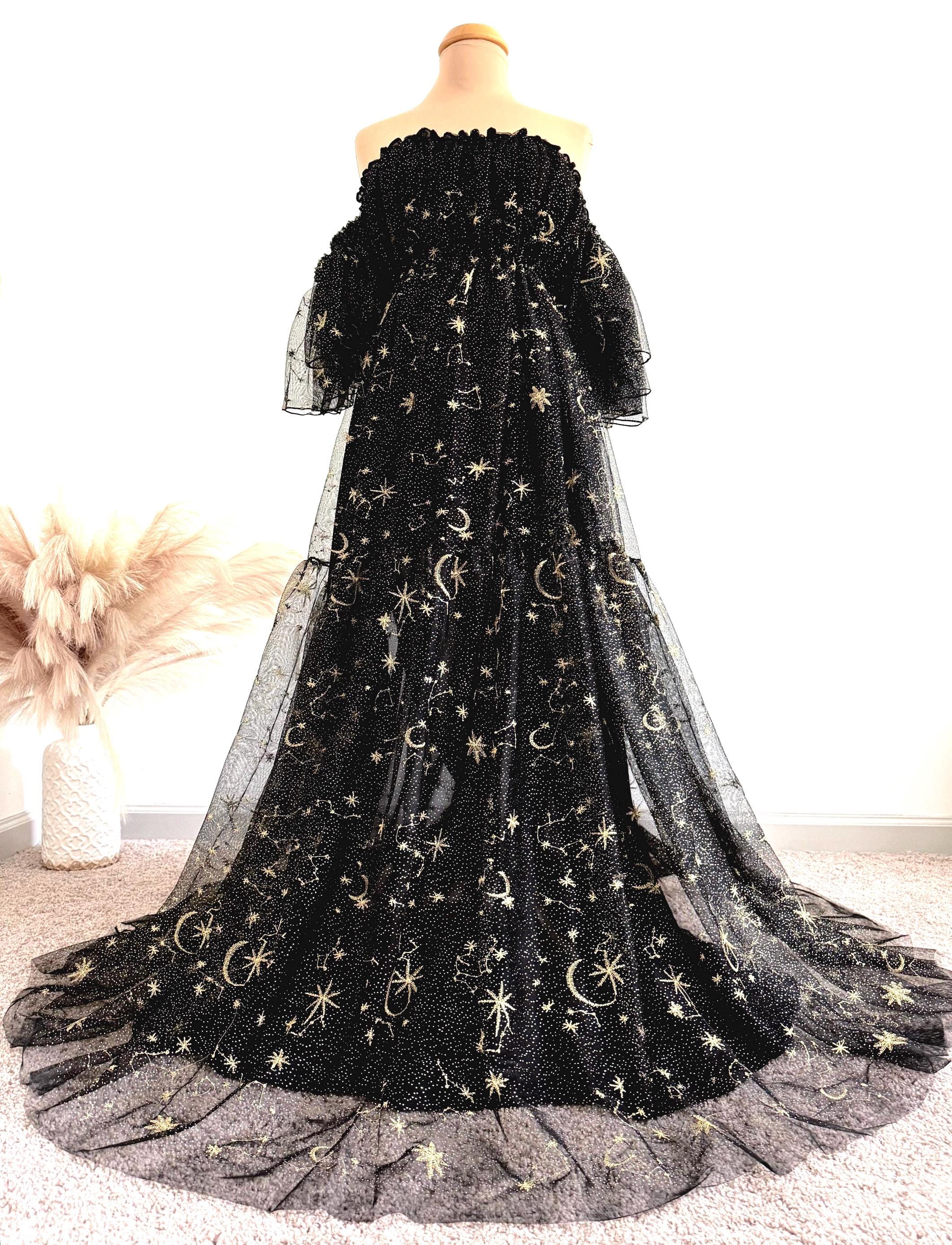 formal celestial dress Black Tulle Dress, Moon Stars Embroidery, Maternity Photoshoot Gown celestial outfit ideas female