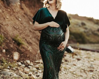 Emerald Green Velvet Maternity Gown With Sequin Sleeves and Chiffon Train,  Baby Shower Dress, Custom Made - Etsy Ireland