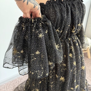 Black & Gold Starry Embroidered Tulle Maternity Gown: Boho Baby Shower Dress