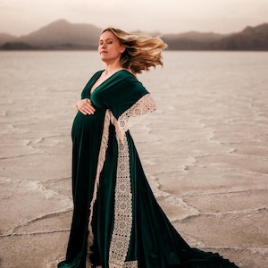 Hunter Green Velvet Lace Boho Dress: Bump Friendly Women&#39;s Gown