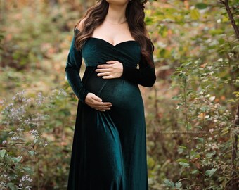 Emerald Green Velvet Maternity Gown, Flowy Cape Photoshoot Dress, Sequin  Sleeves - Etsy