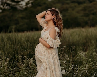 Muslin Beige Floral Set, Boho Maternity Photoshoot dress, Corset gauze set