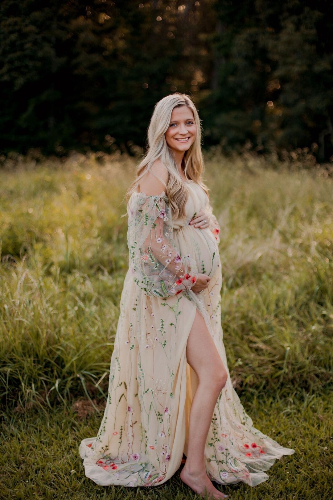 fall floral maternity dress Inflorescence | Blush PINK Mesh Floral Bardot Maternity Maxi Dress main image 1