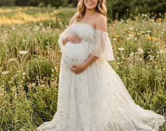 Celestial Magic, Ivory Tulle Whimsical Maternity Gown & Plus Size Wedding Dress, Stars and Moon  Baby Shower