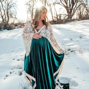 Hunter Green Velvet Lace Boho Dress: Bump Friendly Women&#39;s Gown