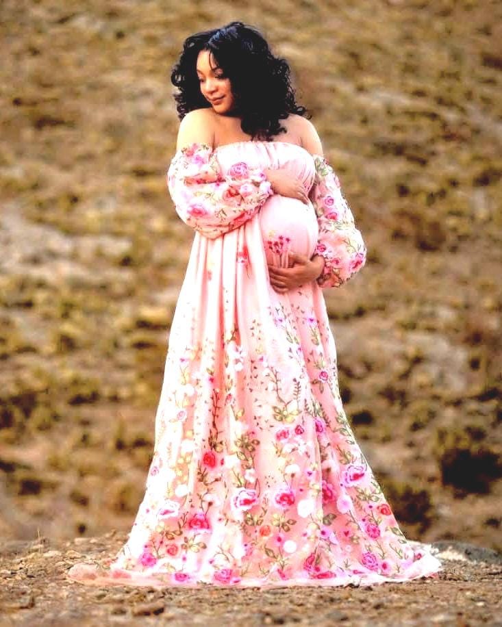 pink floral maternity dress Momyknows Pink Floral Tulle Ruched Bodycon Cute Gender Reveal Baby Shower Maternity Midi Dress, Pink / M