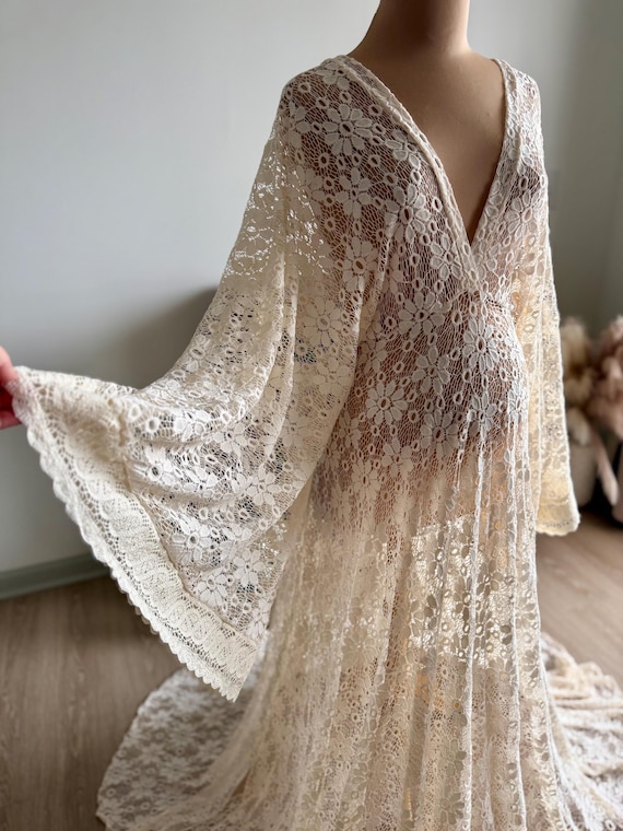 slim fit dress slacks Momyknows Browm Floral Lace-Up Flare Sleeve Elegant Semi-Sheer Maternity Photoshoot Maxi Dress Brown / S main image 1
