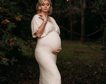 Abito da sposa premaman in pizzo avorio, abito da servizio fotografico boho, abito da baby shower