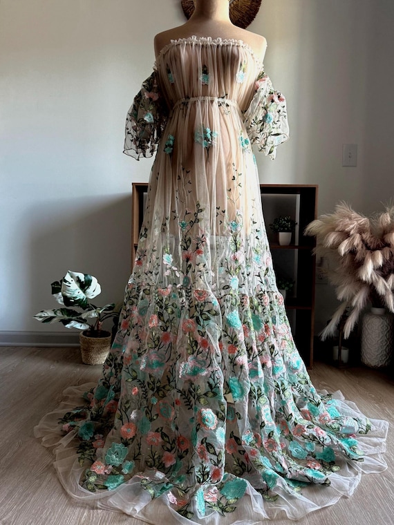 boho wedding shower dress Vintage Lace Bridal Shower Dress Boho Elopement Wedding Gown Bell Sleeve Reception Dress Assymetrical Hem