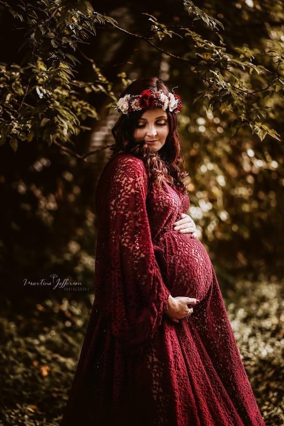 burgundy lace maternity dress Anna-Kaci Women' s Lace Bodice Maternity Maxi Dress with Sheer Three-Quarter Sleeves and Soft Flowing Skirt for Elegant Comfort