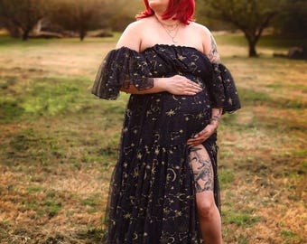 Celestial Tulle Milkmaid Dress | Dark Navy Blue Tulle with Embroidered Moons and Stars