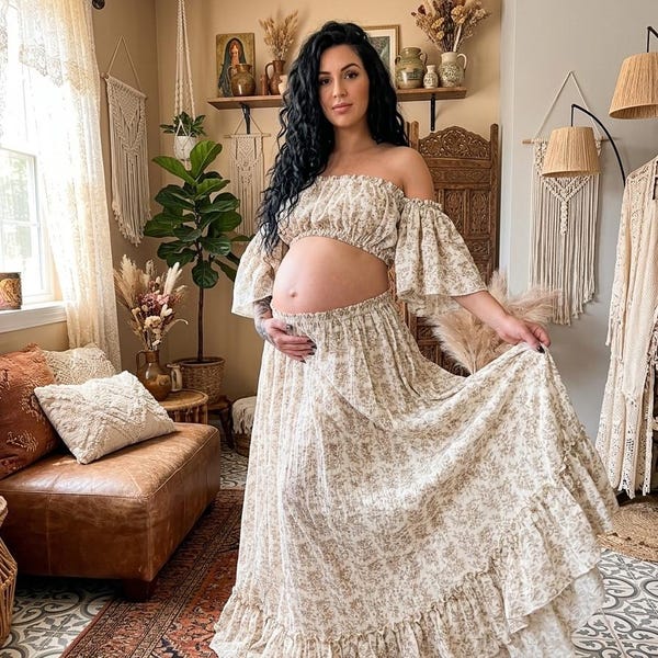 Muslin Beige Floral Set, Boho Maternity Photoshoot dress, Fairy wedding dress