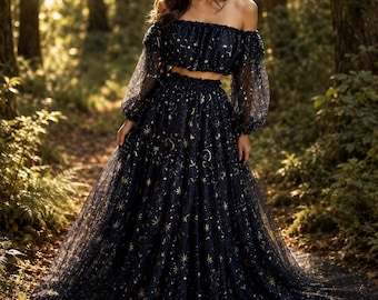 Starry Night Navy Celestial Photoshoot Dress | Witchy Wedding Gown & Whimsical Maternity Set