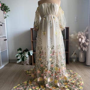 花柄刺繍チュールドレス、写真撮影用花柄マタニティドレス、花柄ガウン、マタニティ写真撮影用ドレス、ボヘミアンウェディング