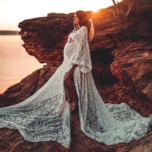Ivory Floral lace Maternity Dress For Photoshoot, Boho Maternity Gown For Baby Shower, Floral Gown Maternity Gift, Flutter Photoshoot Dress