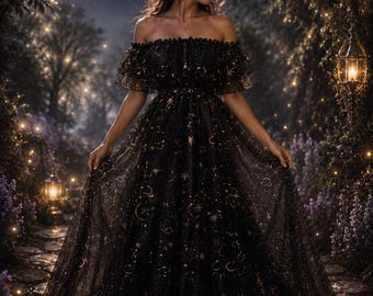 Beautiful Black Celestial Tulle Dress | Moon & Stars Embroidered Maternity Photoshoot Gown