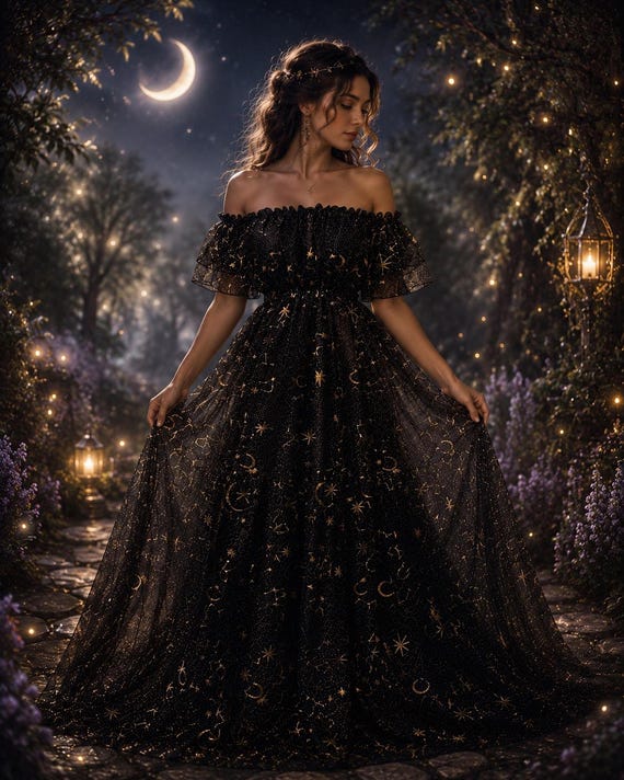 black and gold star dress Celestial Tulle Dress, Moon Stars Embroidery, Maternity Photoshoot Gown Maxi dress