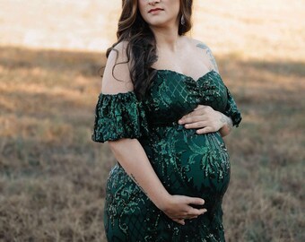 Emerald Green Velvet Maternity Gown With Sequin Sleeves and Chiffon Train,  Baby Shower Dress, Custom Made - Etsy Ireland
