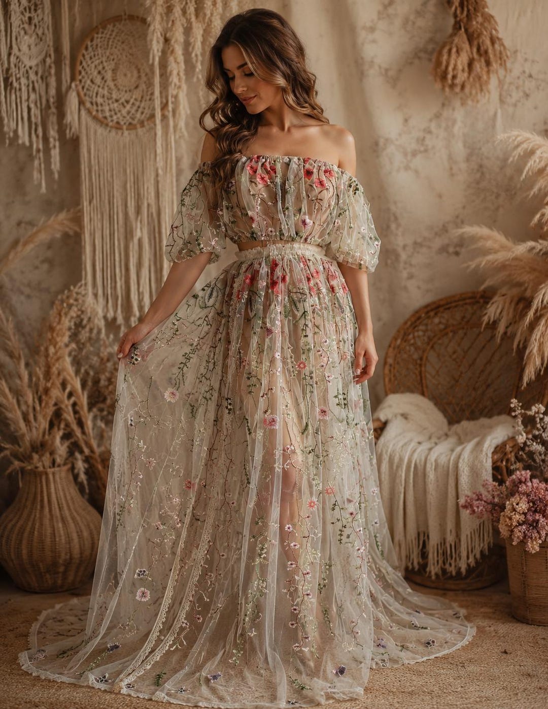 Apricot Floral Tulle Maternity Gown, Baby Shower Dress, Boho Photoshoot Dress, Embroidered Wedding Dress
