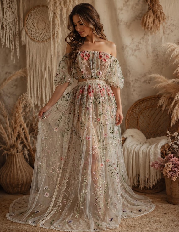 Apricot Floral Tulle Maternity Gown, Baby Shower Dress, Boho Photoshoot Dress, Embroidered Wedding Dress