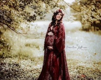Vestido para sesión de fotos de maternidad, vestido de encaje floral burdeos, vestido de novia